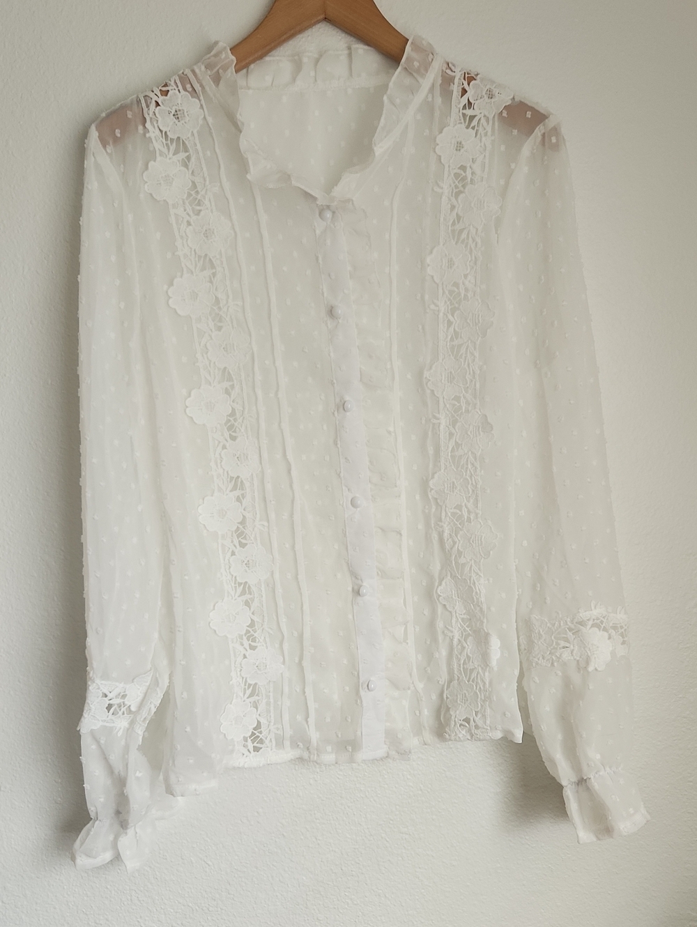 Romantic Swiss Dot Sheer Lace-Trim White Blouse - Size XL